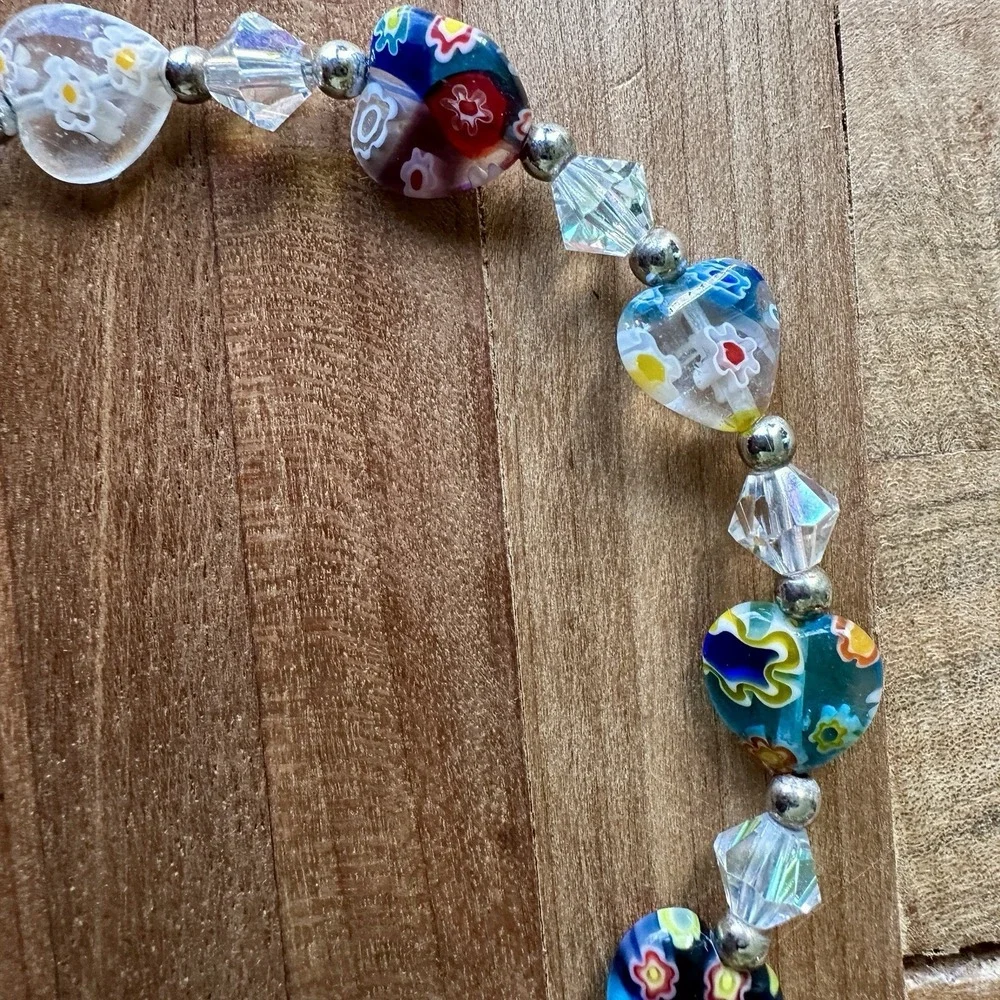 Vintage Heart Bead Bracelet 7.75 Inch Murano Millefiori Glass Crystals Toggle‎